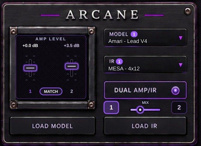 Dual Amp/IR controls: amp level faders with MATCH, model and IR boxes, and the MIX slider